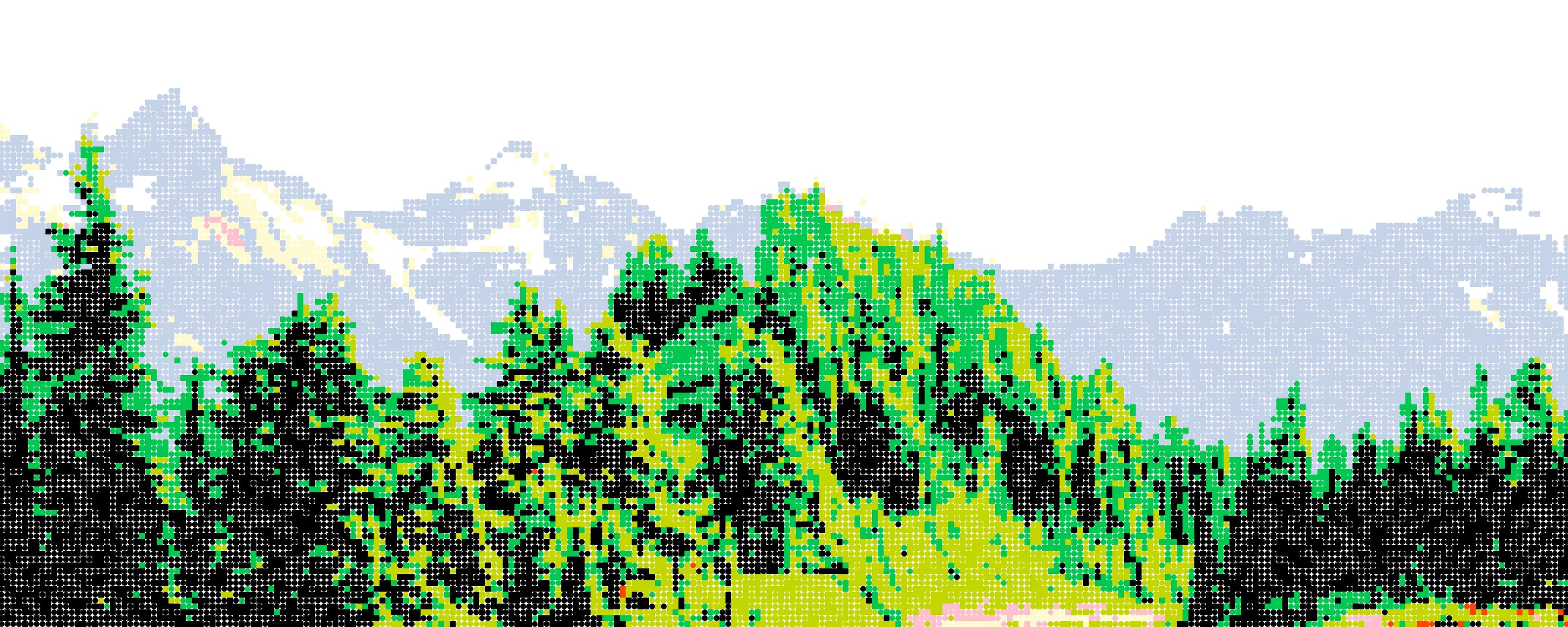 Green and black halftone pine trees beneath pale blue mountains